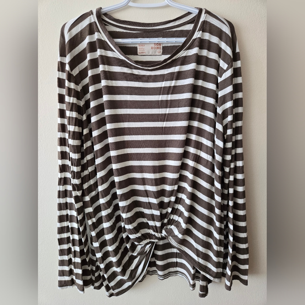 Jackson Rowe XL Khaki Green & Cream Striped Knotted Front Long Sleeve Top